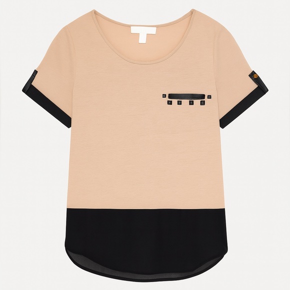 Lumière’ Tan & Black Sheer Hem Short Sleeve Blouse Size L with Studded Pocket - Picture 9 of 12